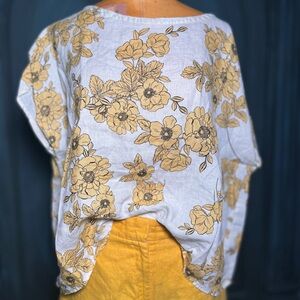 100% Linen Blouse Floral Print Women's Top Yellow White
